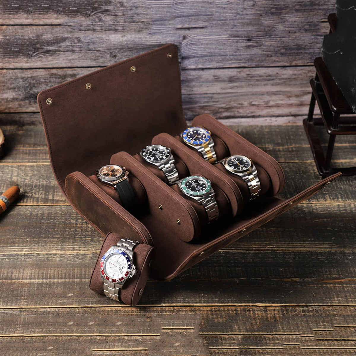 Genuine Leather Watch Roll 6 Slots