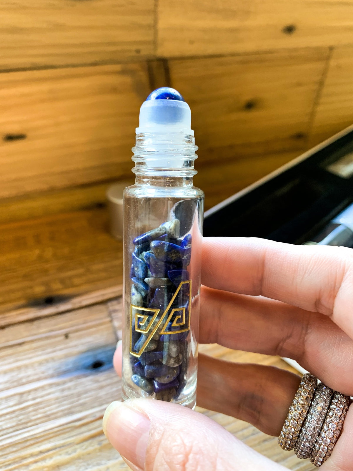 Etched 10mL Roller Bottlers with Gemstone Fitments and Tumbled Gemstone Chips