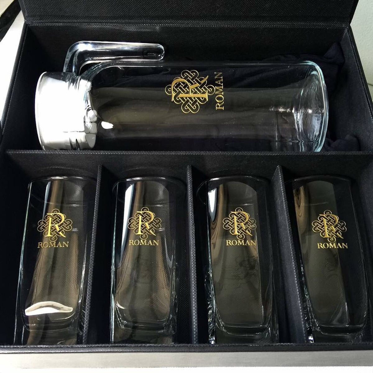 5pc Pitcher and Glass Set with Black Leather Flip Top Lid Box