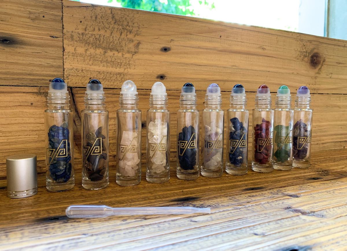 Etched 10mL Roller Bottlers with Gemstone Fitments and Tumbled Gemstone Chips