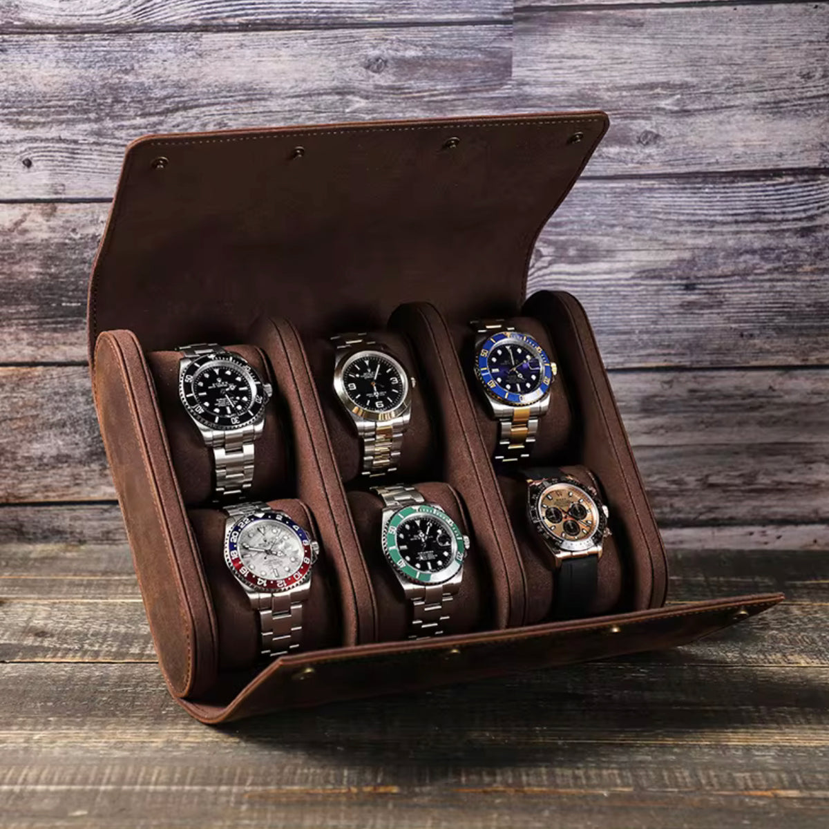 Genuine Leather Watch Roll 6 Slots