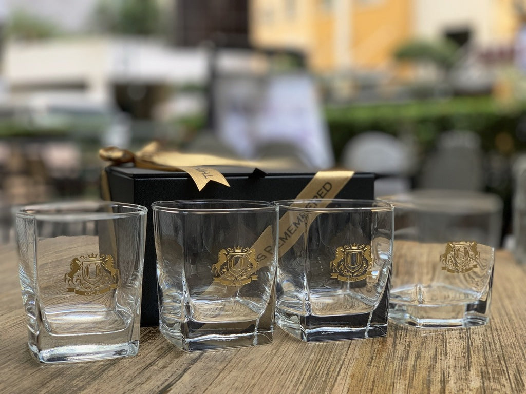 Set of Four Etched Scotch Glasses