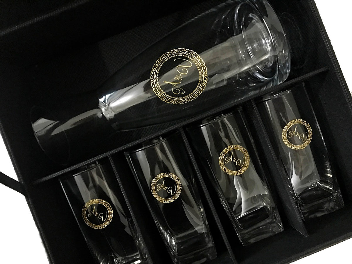 5pc Carafe and Glass set with Black Leather Flip Top Lid Box