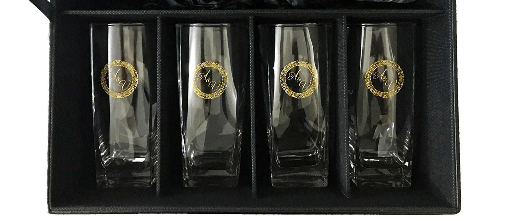 4pc Etched Highball Glasses with Leather Box