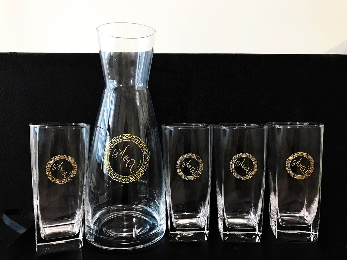 5pc Carafe and Glass set with Black Leather Flip Top Lid Box
