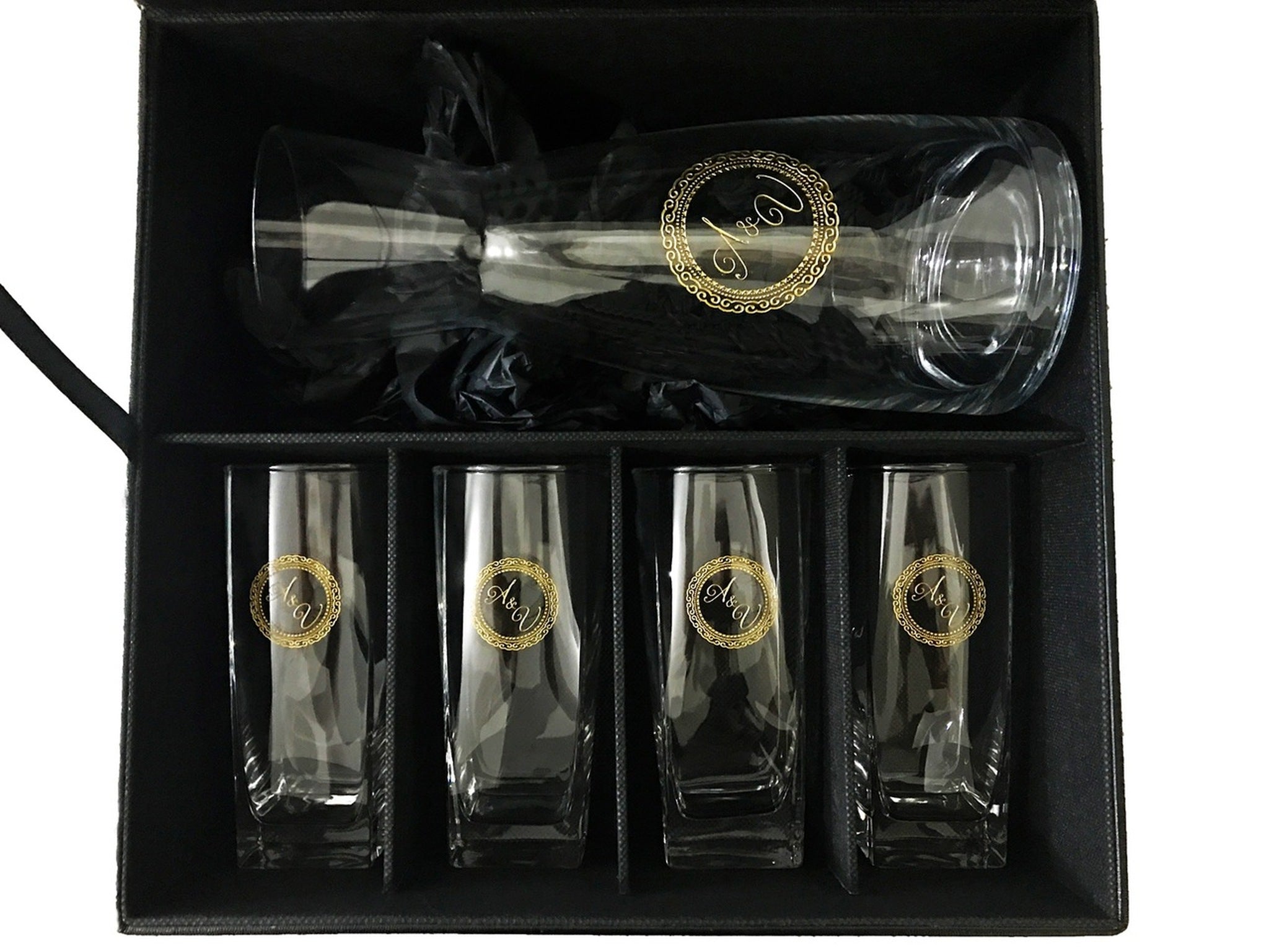 5pc Carafe and Glass set with Black Leather Flip Top Lid Box