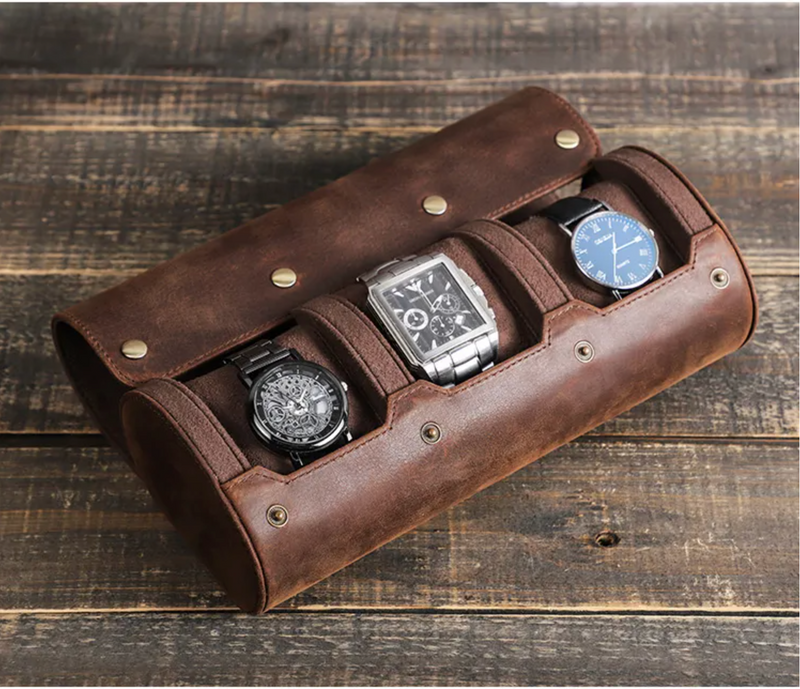 Genuine Leather 3-Slot Watch Roll